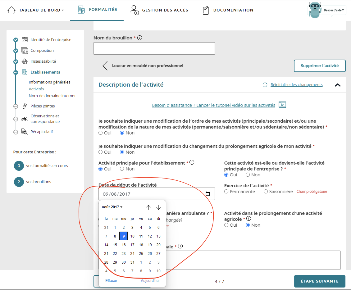 Modification date début activité LMNP